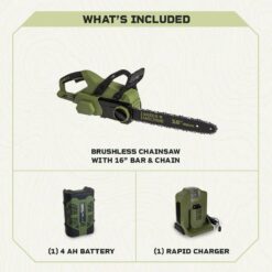 Green Machine 62V Brushless 16 in. Battery Chainsaw Auto-tensioning system, easy trigger start with 4 Ah Battery and Charger GMCS6200