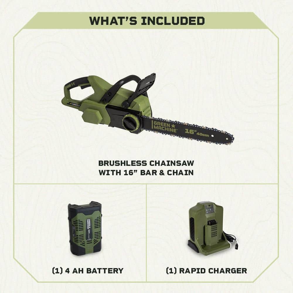 Green Machine 62V Brushless 16 in. Battery Chainsaw Auto-tensioning system, easy trigger start with 4 Ah Battery and Charger GMCS6200
