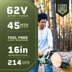 Green Machine 62V Brushless 16 in. Battery Chainsaw Auto-tensioning system, easy trigger start with 4 Ah Battery and Charger GMCS6200