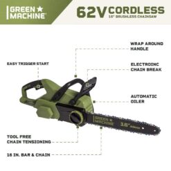 Green Machine 62V Brushless 16 in. Battery Chainsaw Auto-tensioning system, easy trigger start with 4 Ah Battery and Charger GMCS6200