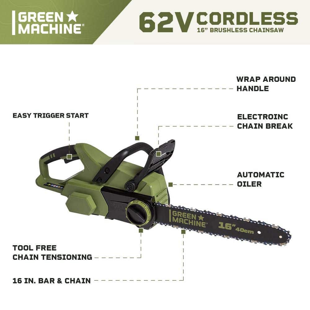 Green Machine 62V Brushless 16 in. Battery Chainsaw Auto-tensioning system, easy trigger start with 4 Ah Battery and Charger GMCS6200