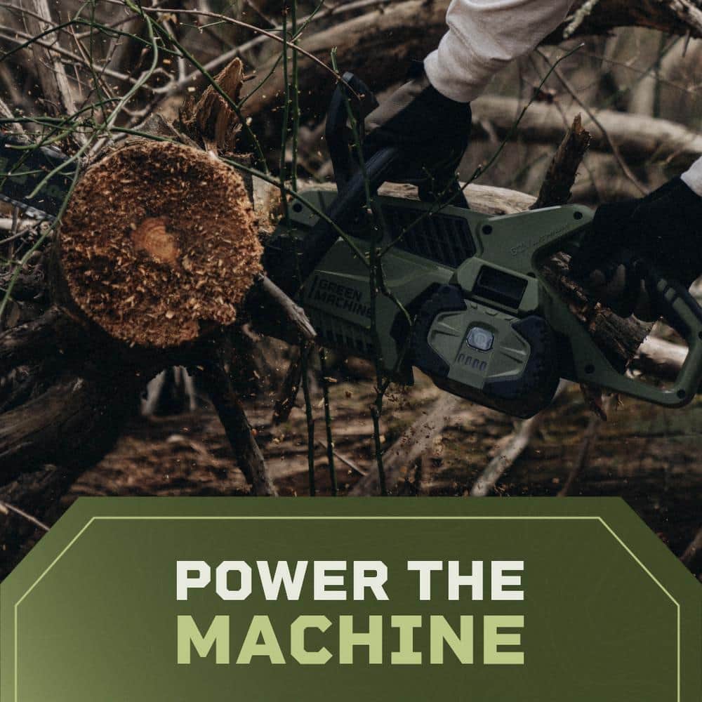 Green Machine 62V Brushless 16 in. Battery Chainsaw Auto-tensioning system, easy trigger start with 4 Ah Battery and Charger GMCS6200