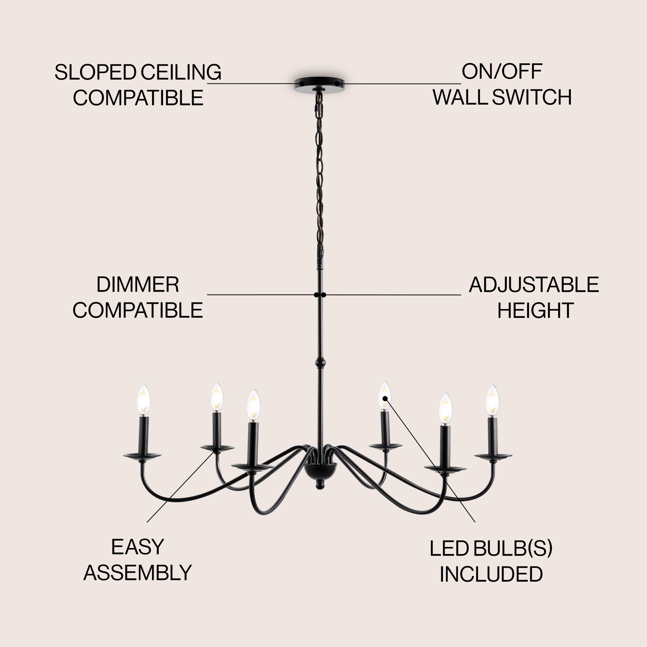 JONATHAN Y Wicklow 34.75" Iron Bohemian Farmhouse 6 -Light Oil-rubbed Black Bare bulb Iron Chandelier