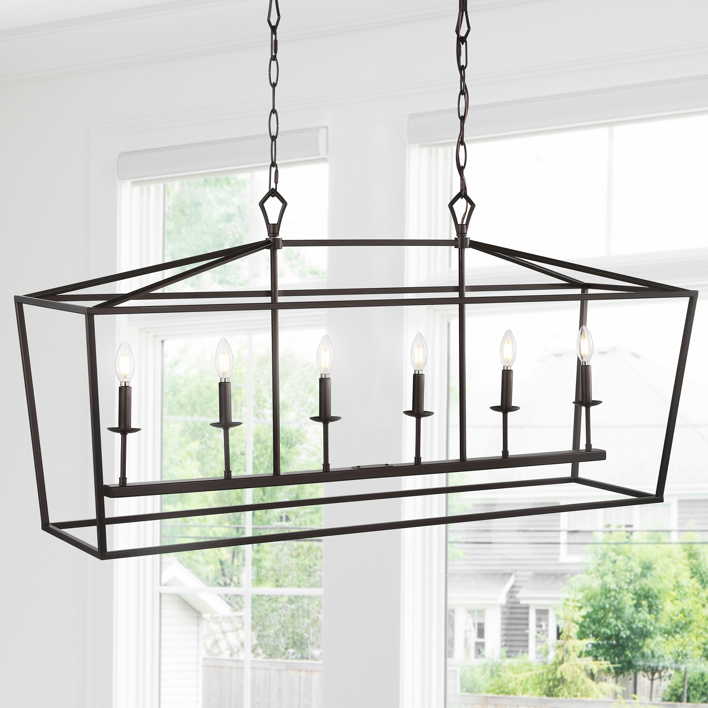 JONATHAN Y Pagoda 49" Metal Linear Classic Traditional 6 -Light Oil Rubbed Bronze Farmhouse Cage Lantern Large Hanging Kitchen Island Light