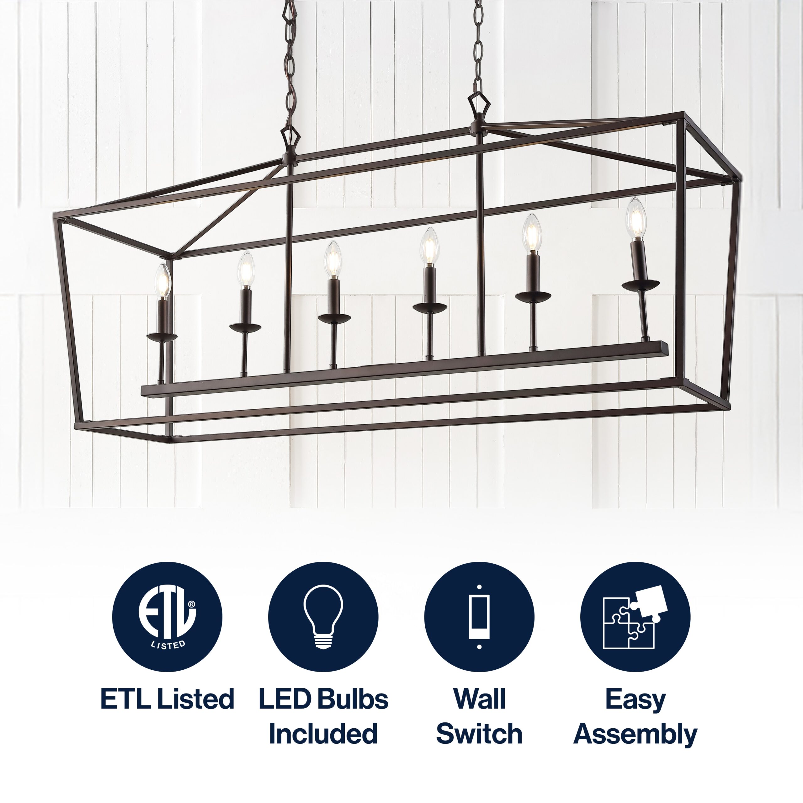 JONATHAN Y Pagoda 49" Metal Linear Classic Traditional 6 -Light Oil Rubbed Bronze Farmhouse Cage Lantern Large Hanging Kitchen Island Light