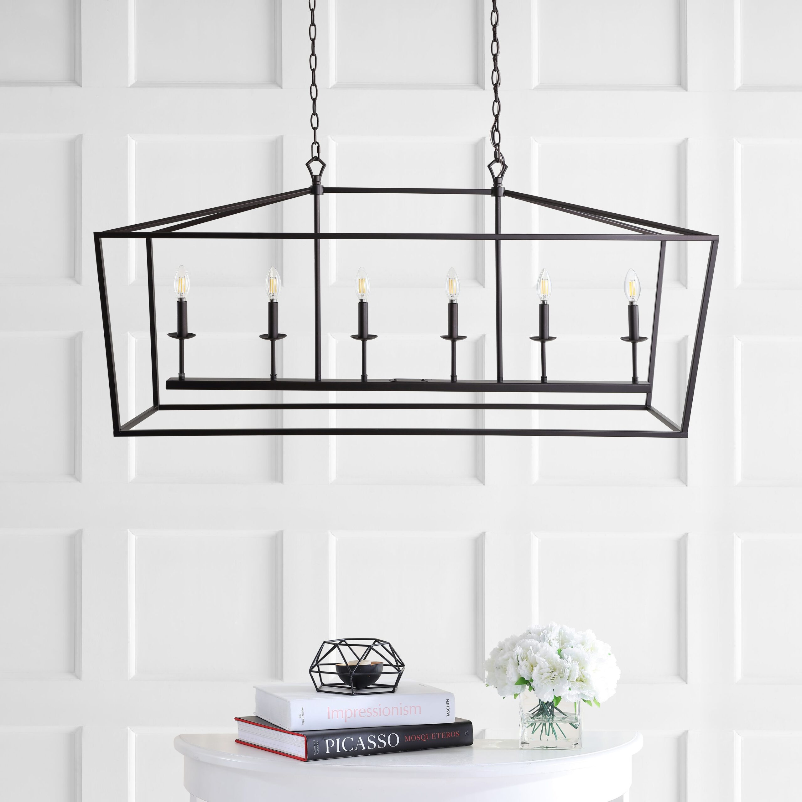 JONATHAN Y Pagoda 49" Metal Linear Classic Traditional 6 -Light Oil Rubbed Bronze Farmhouse Cage Lantern Large Hanging Kitchen Island Light
