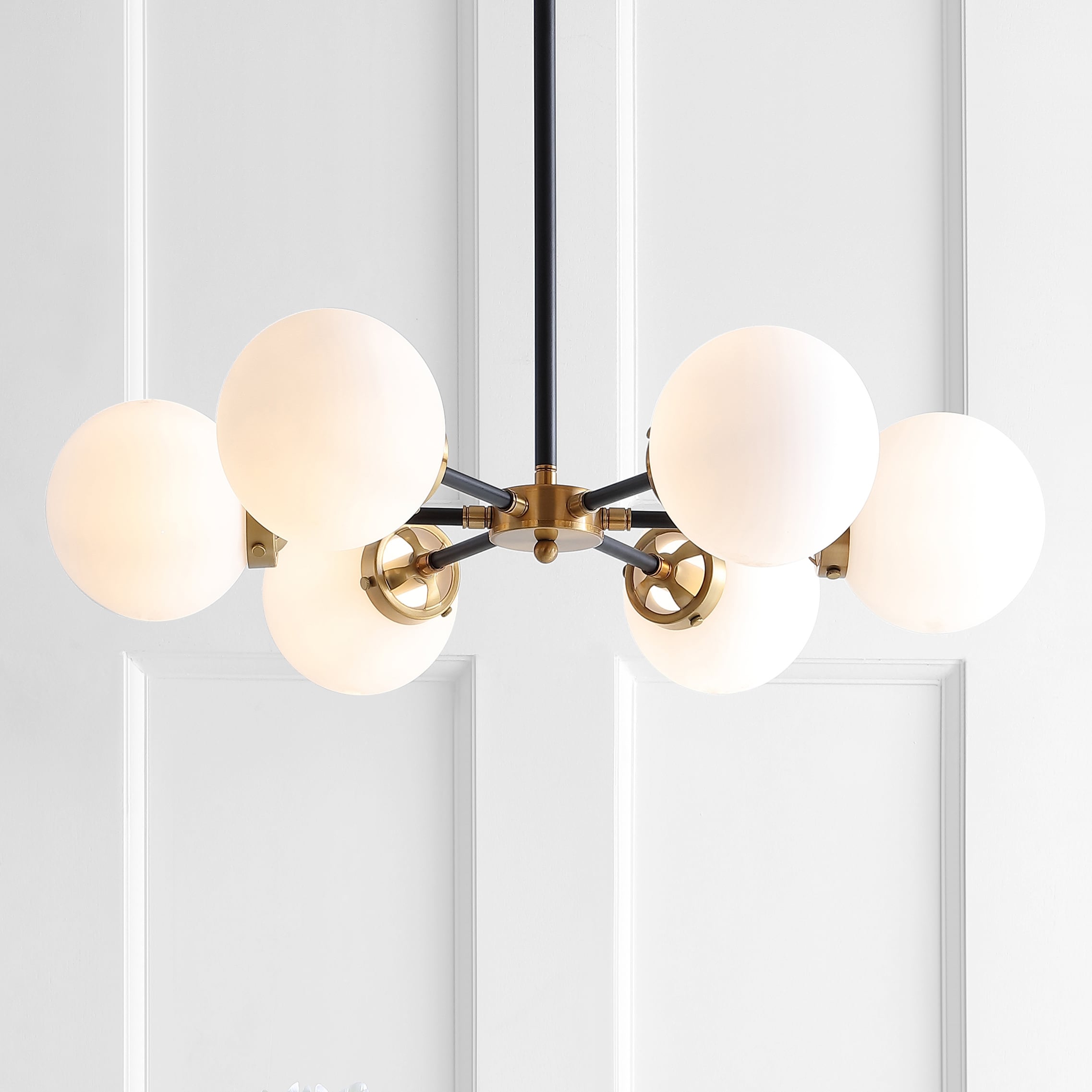 JONATHAN Y 28" Caleb Transitional 6 -Light Brass gold/black Modern/contemporary Frosted glass Globe Large Hanging Pendant Light