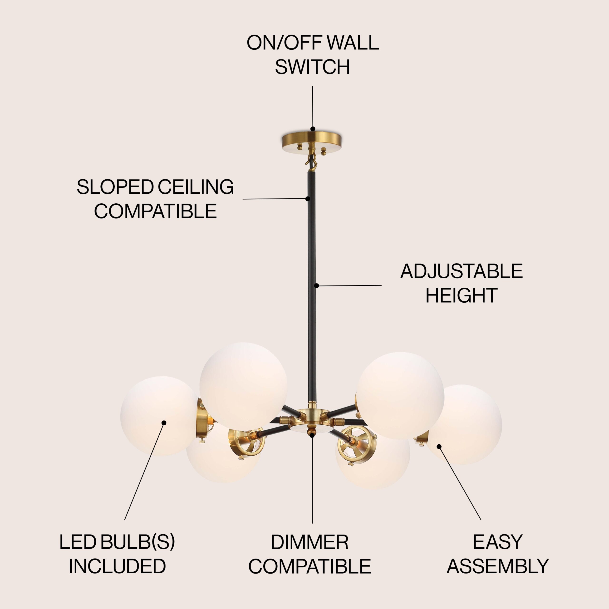 JONATHAN Y 28" Caleb Transitional 6 -Light Brass gold/black Modern/contemporary Frosted glass Globe Large Hanging Pendant Light