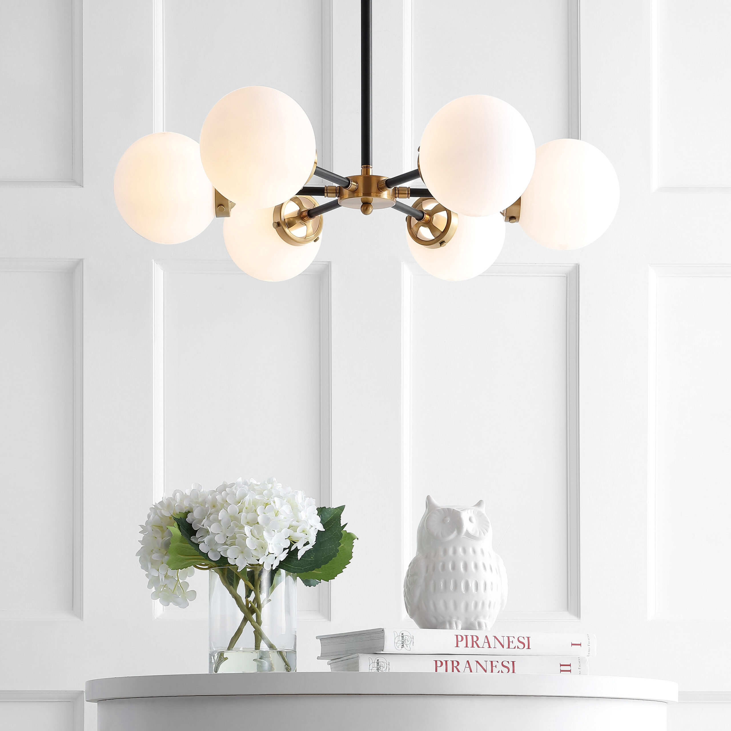 JONATHAN Y 28" Caleb Transitional 6 -Light Brass gold/black Modern/contemporary Frosted glass Globe Large Hanging Pendant Light