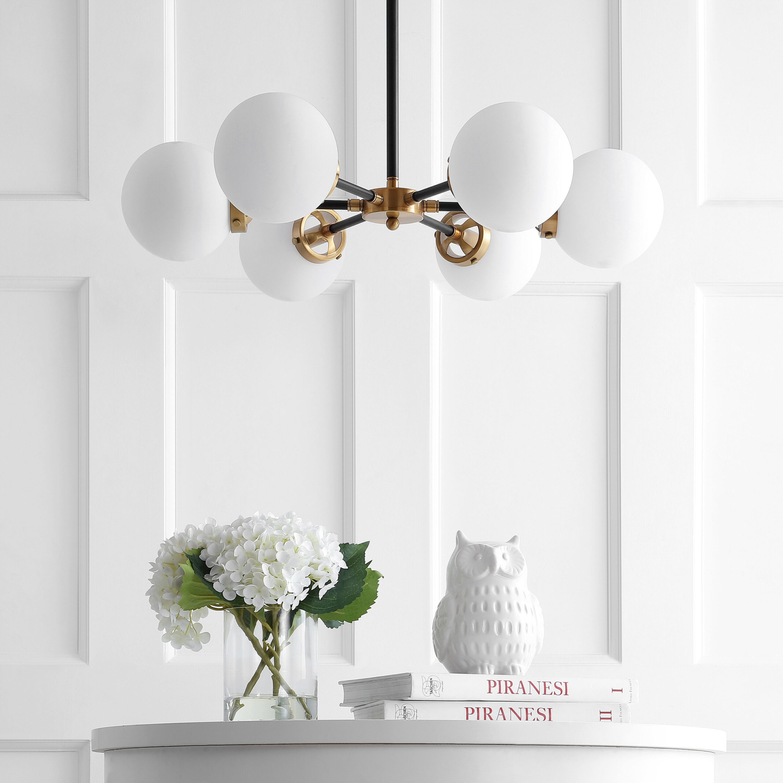 JONATHAN Y 28" Caleb Transitional 6 -Light Brass gold/black Modern/contemporary Frosted glass Globe Large Hanging Pendant Light
