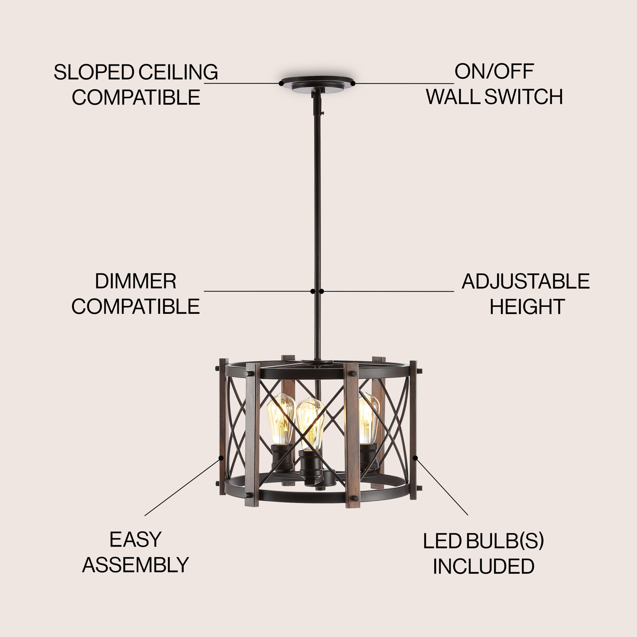JONATHAN Y Ferme 16" Iron Adjustable Rustic 3 -Light Oil Rubbed Bronze/Brown Farmhouse Globe Medium Hanging Pendant Light