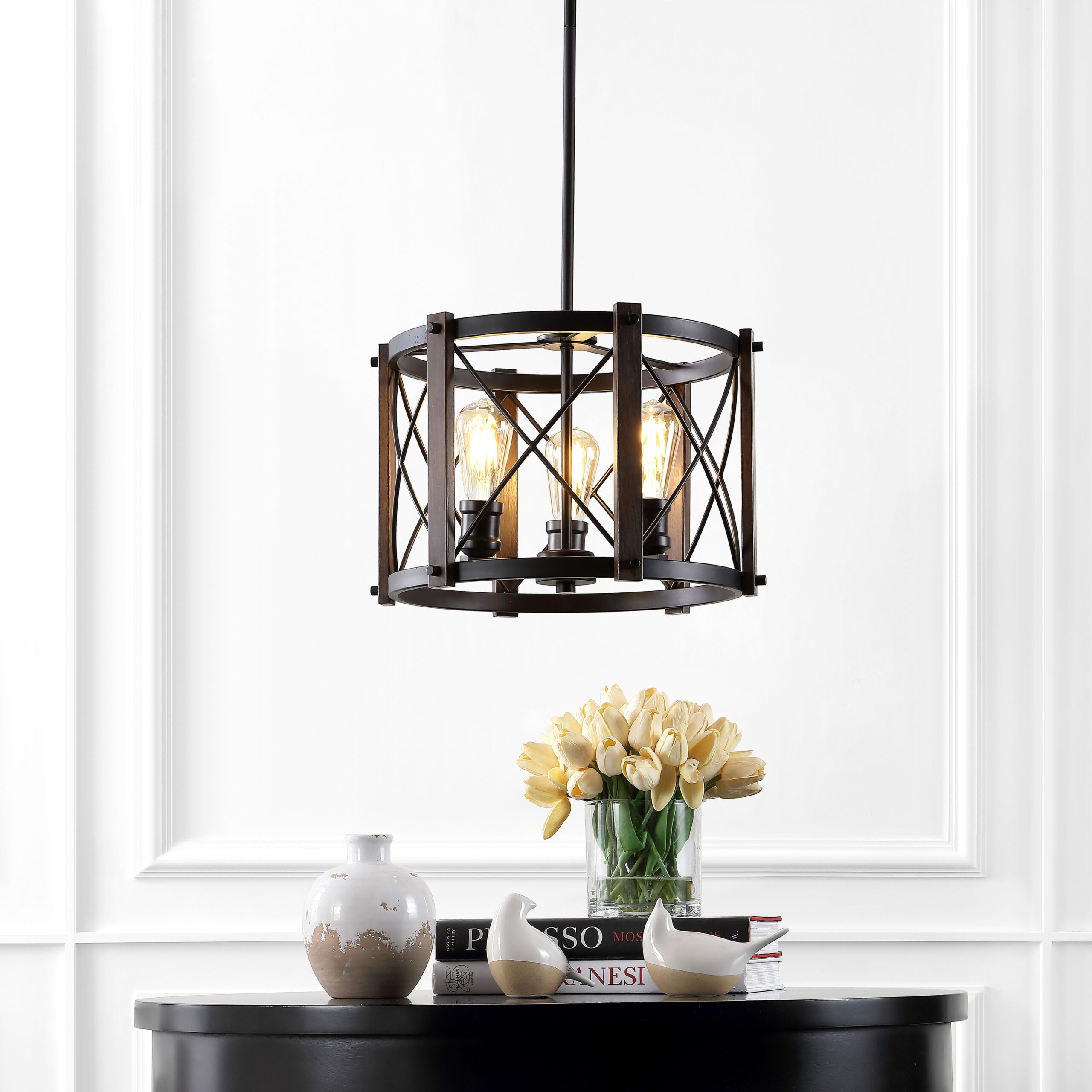 JONATHAN Y Ferme 16" Iron Adjustable Rustic 3 -Light Oil Rubbed Bronze/Brown Farmhouse Globe Medium Hanging Pendant Light