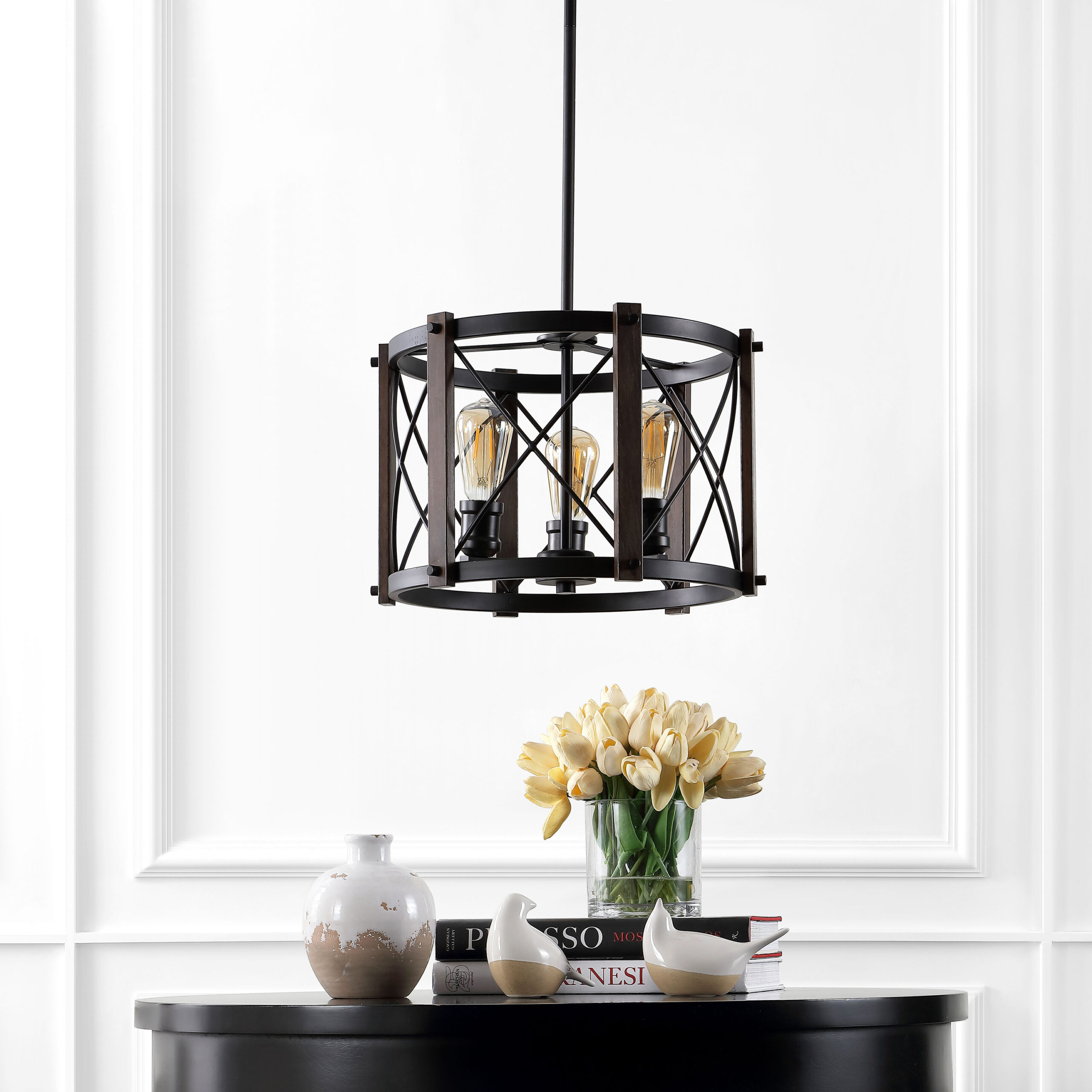 JONATHAN Y Ferme 16" Iron Adjustable Rustic 3 -Light Oil Rubbed Bronze/Brown Farmhouse Globe Medium Hanging Pendant Light