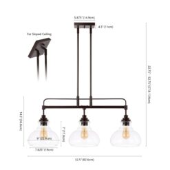 JONATHAN Y Marlowe 32.5" Iron/Glass Industrial Rustic 3 -Light Oil Rubbed Bronze/Clear Farmhouse Clear glass Linear Large Hanging Pendant Light