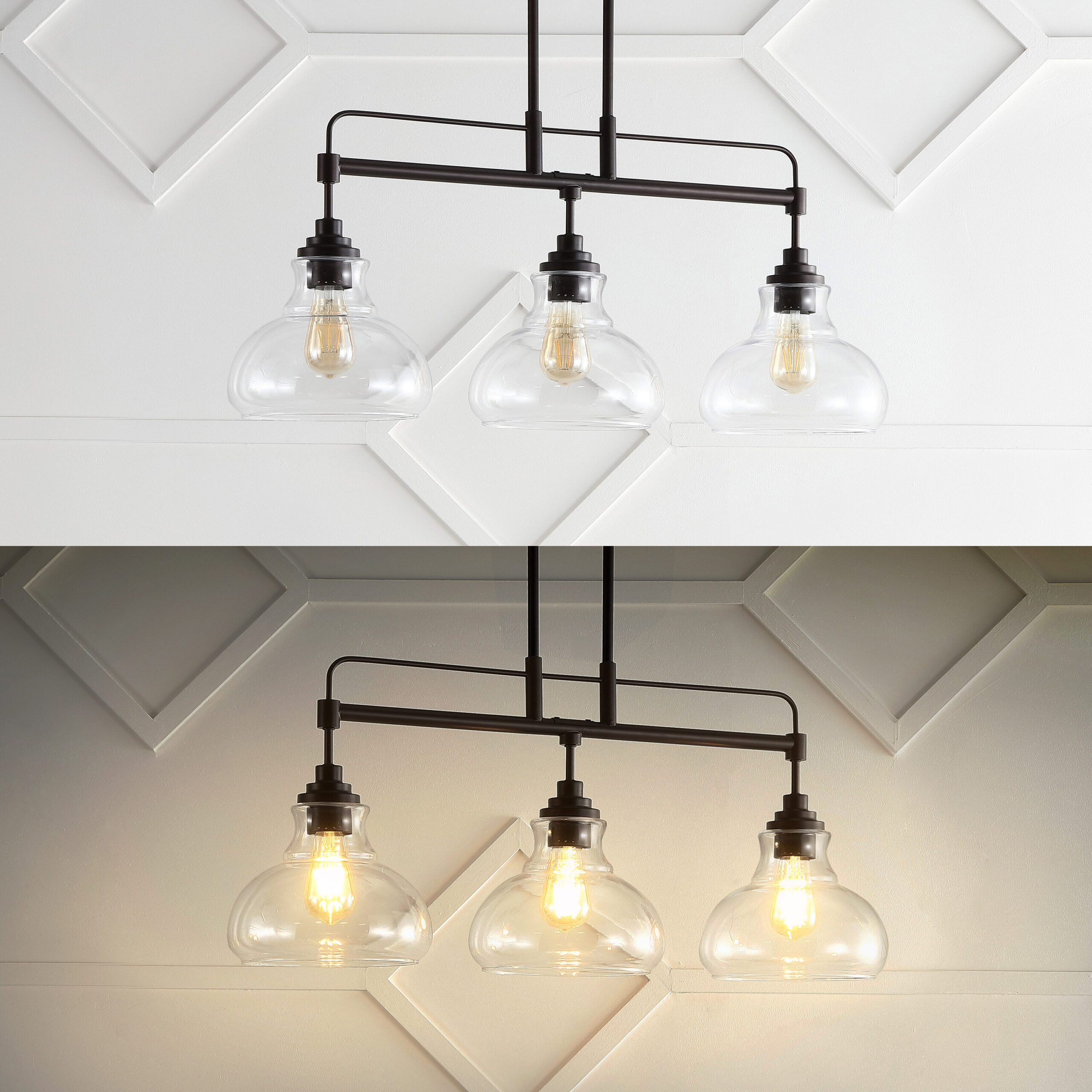JONATHAN Y Marlowe 32.5" Iron/Glass Industrial Rustic 3 -Light Oil Rubbed Bronze/Clear Farmhouse Clear glass Linear Large Hanging Pendant Light