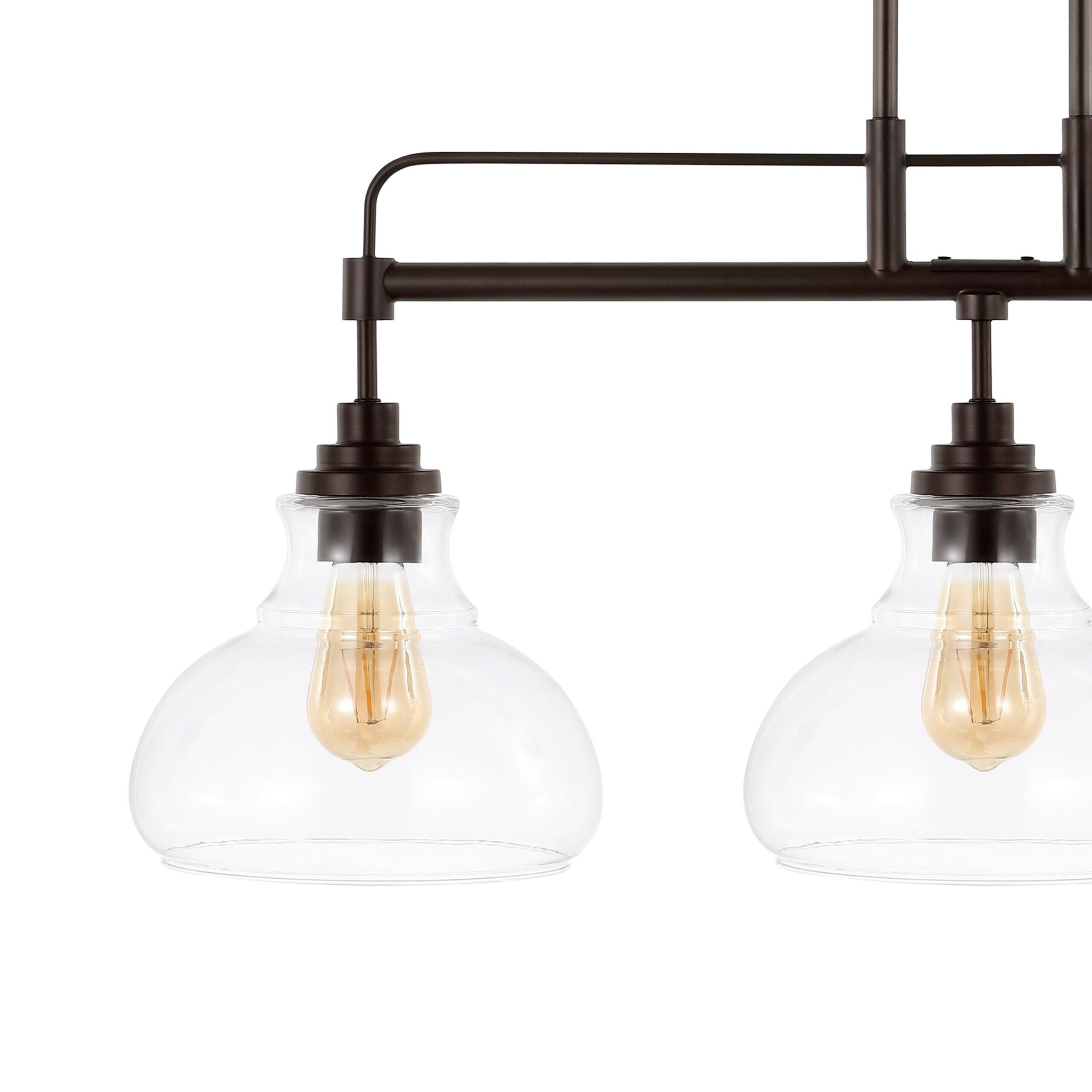 JONATHAN Y Marlowe 32.5" Iron/Glass Industrial Rustic 3 -Light Oil Rubbed Bronze/Clear Farmhouse Clear glass Linear Large Hanging Pendant Light