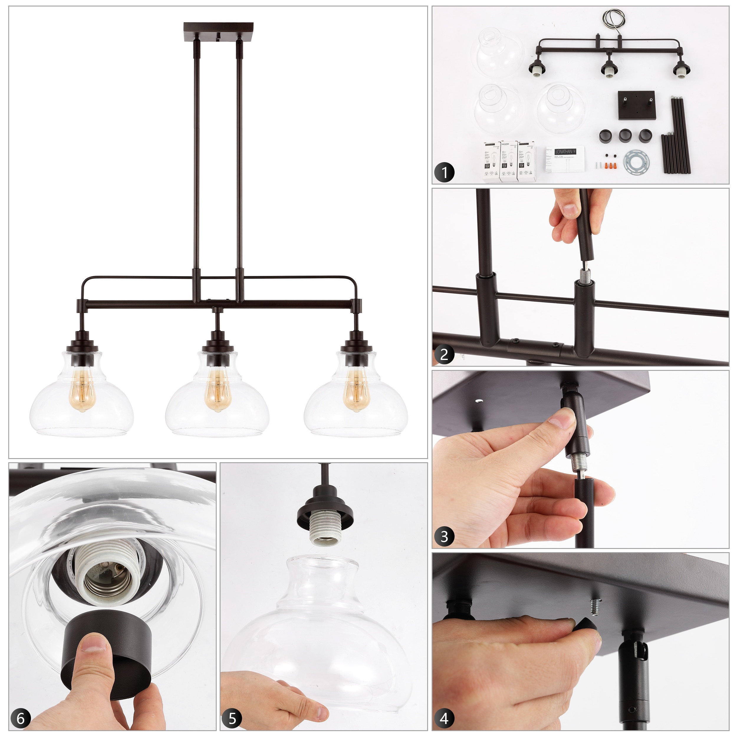 JONATHAN Y Marlowe 32.5" Iron/Glass Industrial Rustic 3 -Light Oil Rubbed Bronze/Clear Farmhouse Clear glass Linear Large Hanging Pendant Light