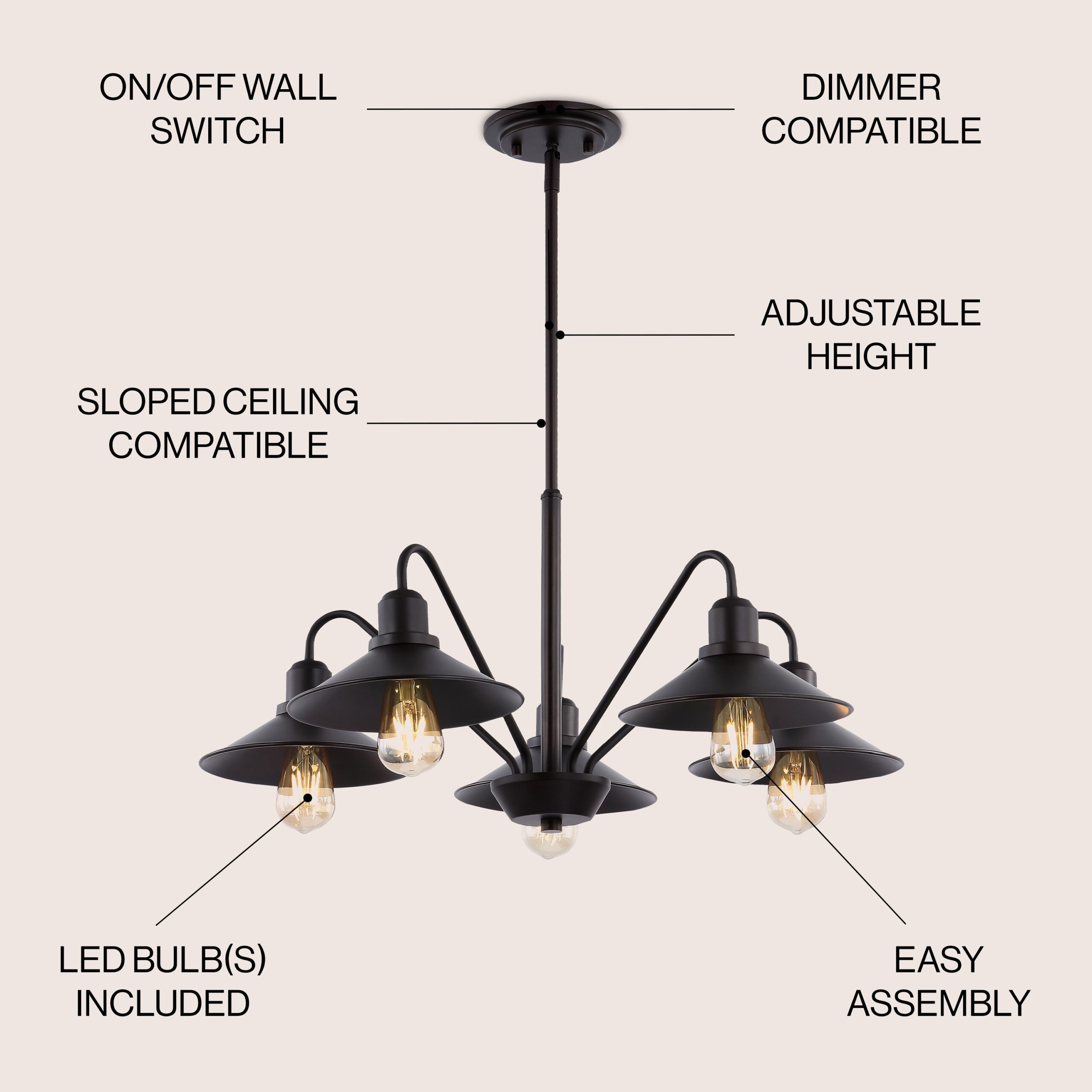 JONATHAN Y Cole Industrial Rustic 5 -Light Oil Rubbed Bronze Farmhouse Metal Linear Large Hanging Pendant Light