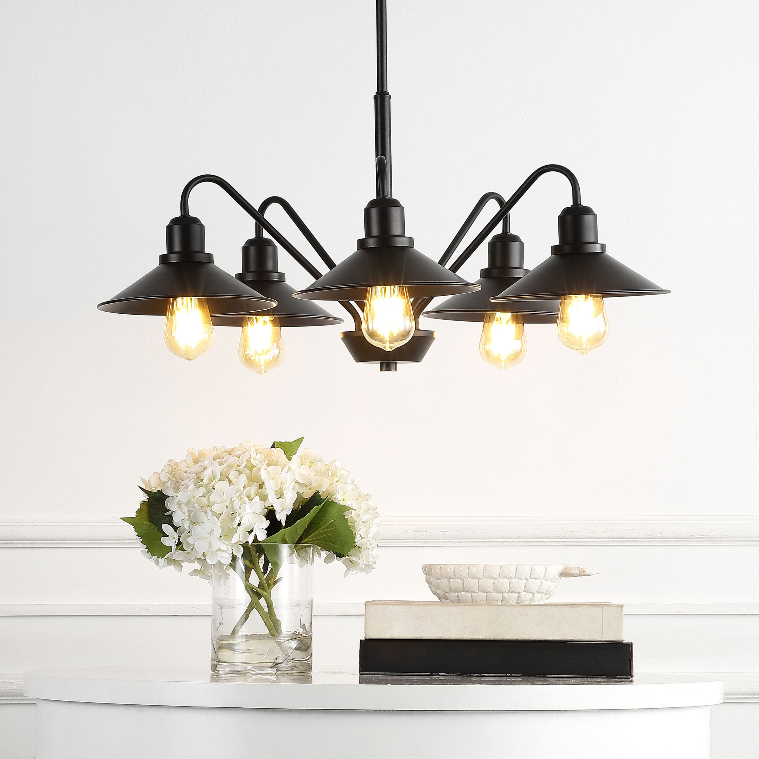 JONATHAN Y Cole Industrial Rustic 5 -Light Oil Rubbed Bronze Farmhouse Metal Linear Large Hanging Pendant Light