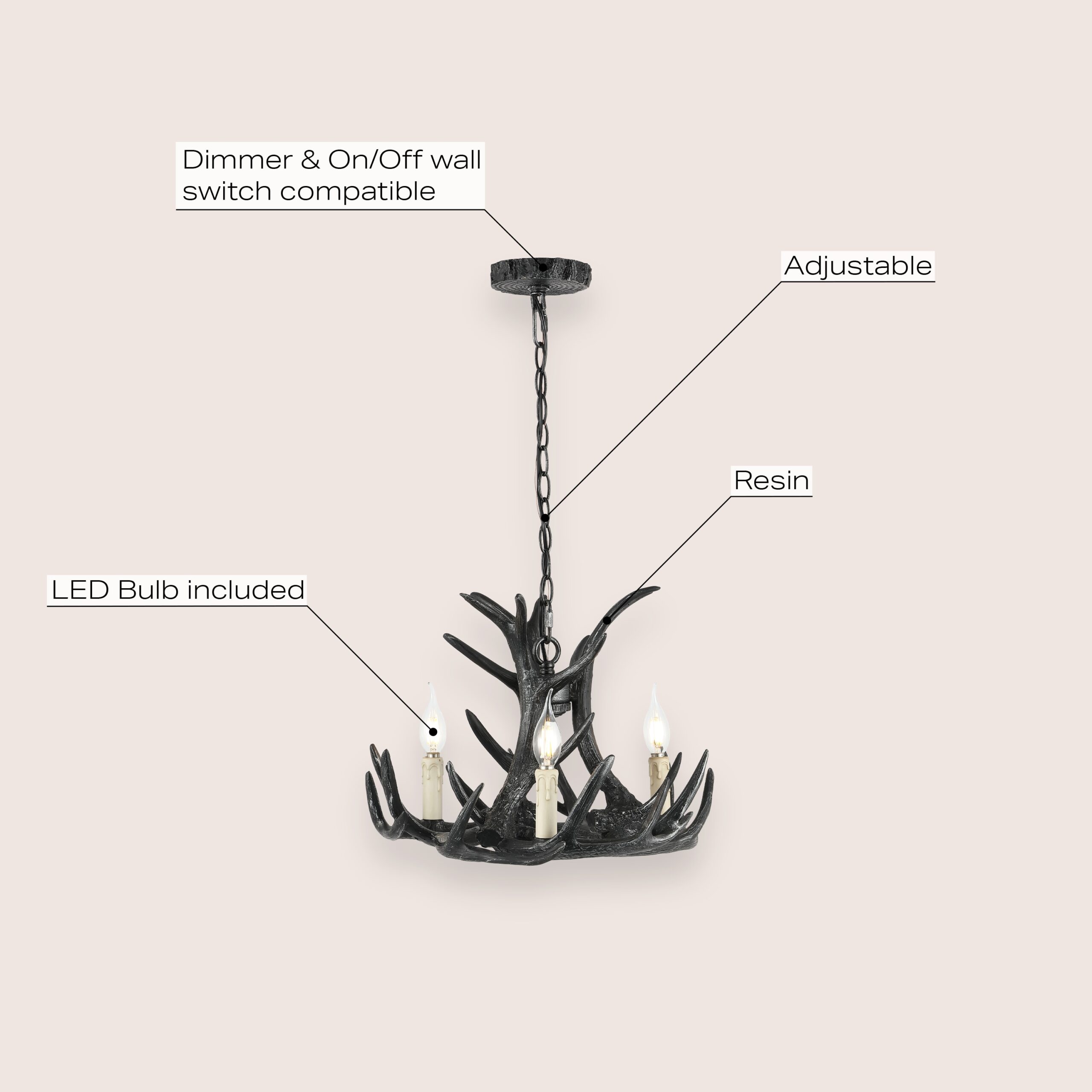 JONATHAN Y Nelle 18" Resin Adjustable Antler 3 -Light Black Antler Resin Chandelier