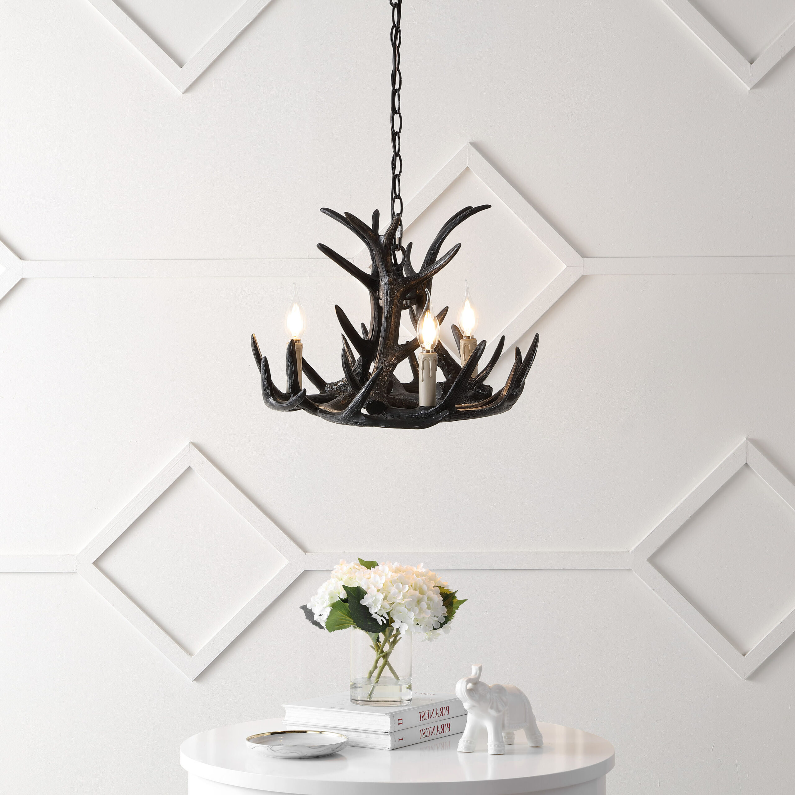 JONATHAN Y Nelle 18" Resin Adjustable Antler 3 -Light Black Antler Resin Chandelier