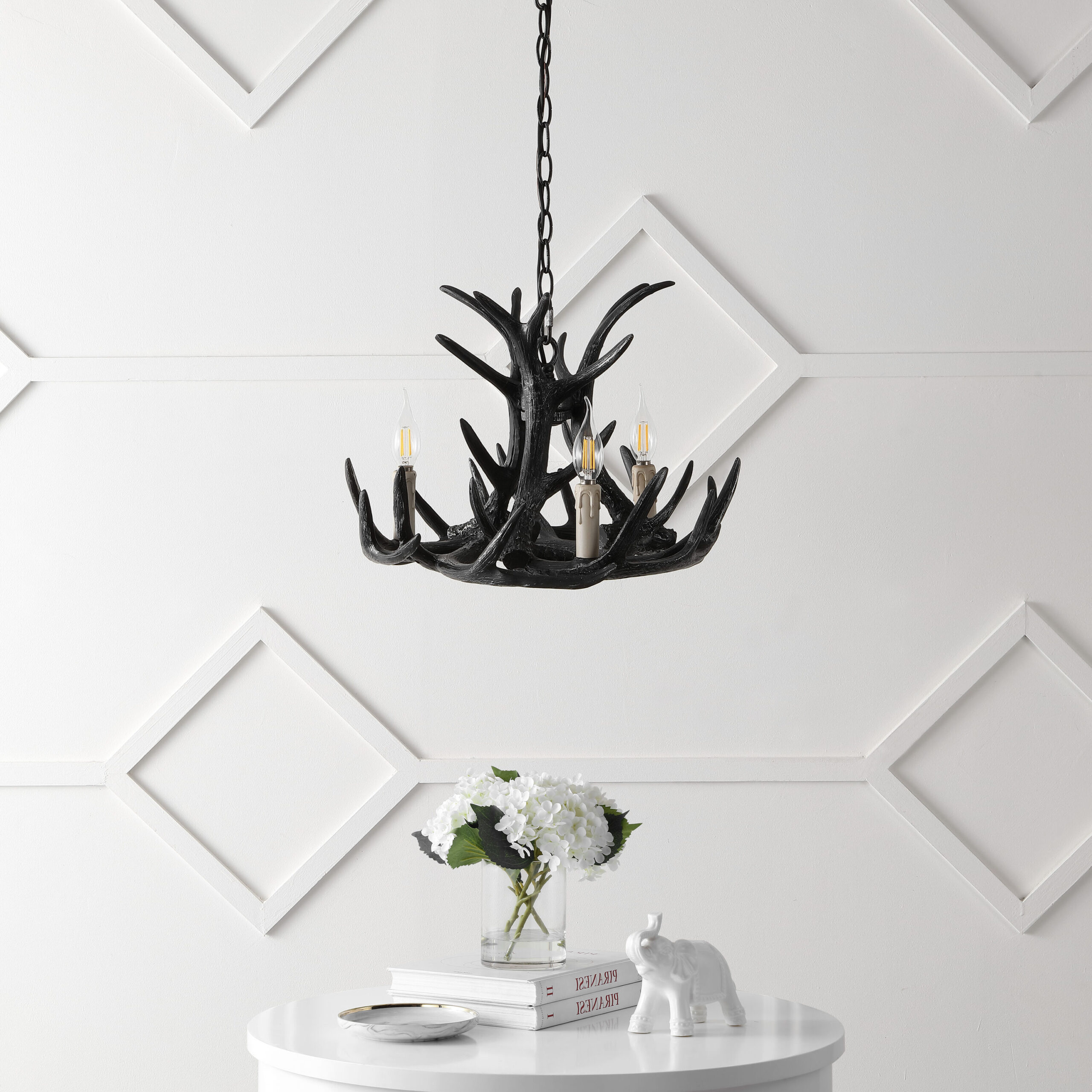 JONATHAN Y Nelle 18" Resin Adjustable Antler 3 -Light Black Antler Resin Chandelier
