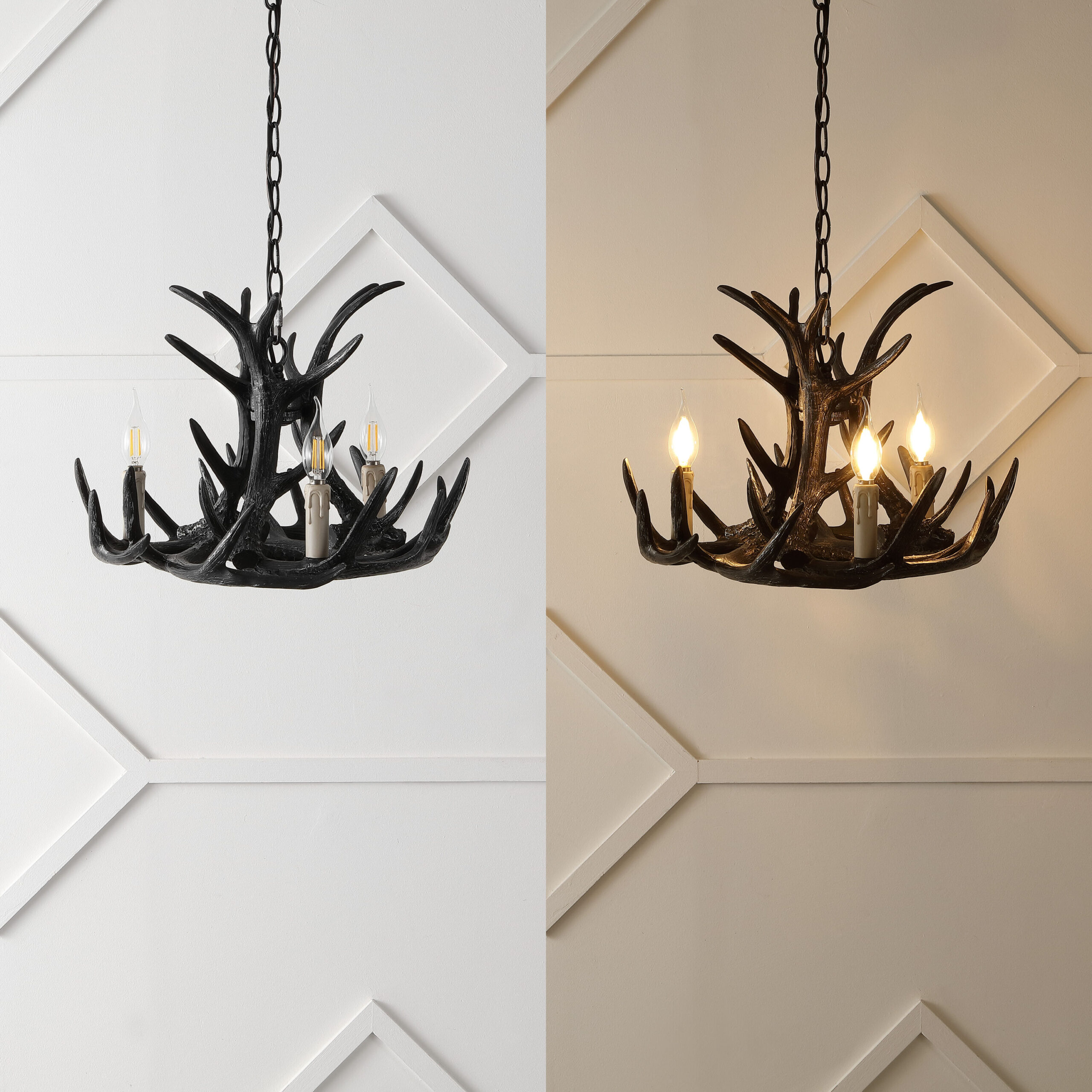 JONATHAN Y Nelle 18" Resin Adjustable Antler 3 -Light Black Antler Resin Chandelier