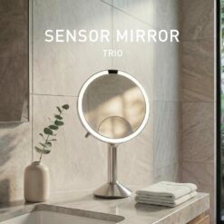 simplehuman Sensor Mirror Trio, 1X 5X 10X Magnification, Round Rechargeable Beauty Makeup Mirror, Tru-Lux Full-Spectrum Light, Dual Light Settings, Adjustable Brightness, Brushed Stainless Steel