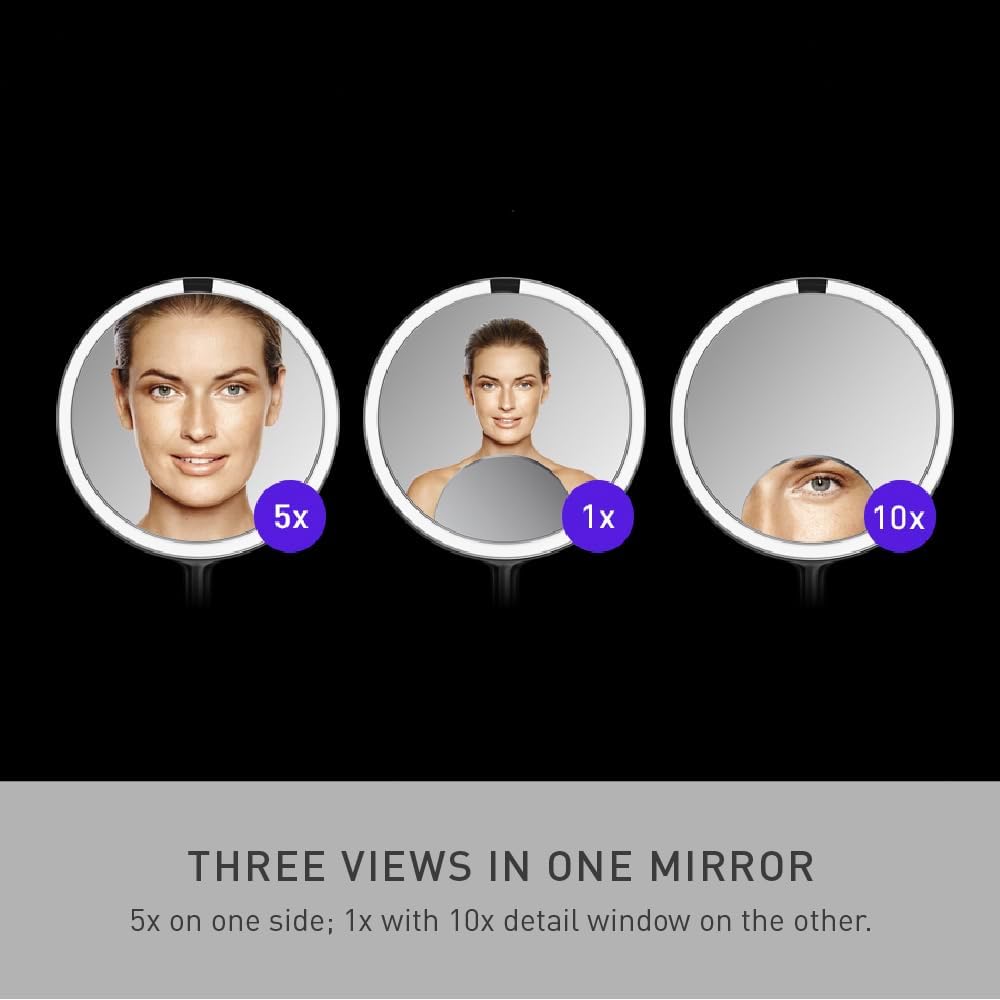simplehuman Sensor Mirror Trio, 1X 5X 10X Magnification, Round Rechargeable Beauty Makeup Mirror, Tru-Lux Full-Spectrum Light, Dual Light Settings, Adjustable Brightness, Brushed Stainless Steel