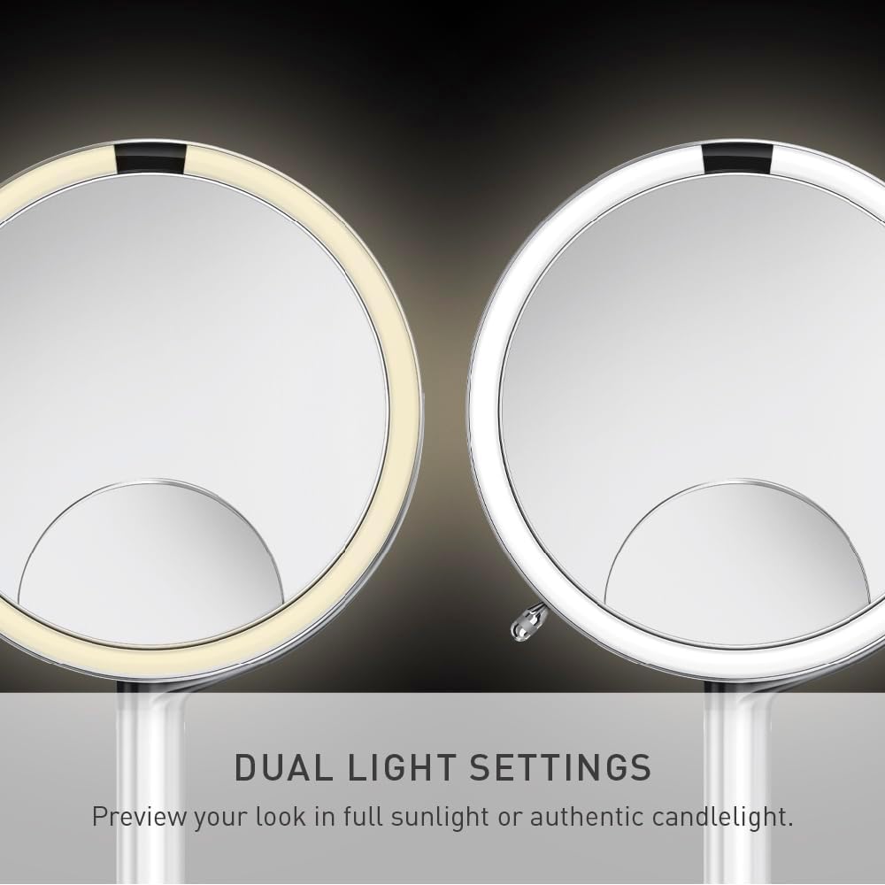 simplehuman Sensor Mirror Trio, 1X 5X 10X Magnification, Round Rechargeable Beauty Makeup Mirror, Tru-Lux Full-Spectrum Light, Dual Light Settings, Adjustable Brightness, Brushed Stainless Steel