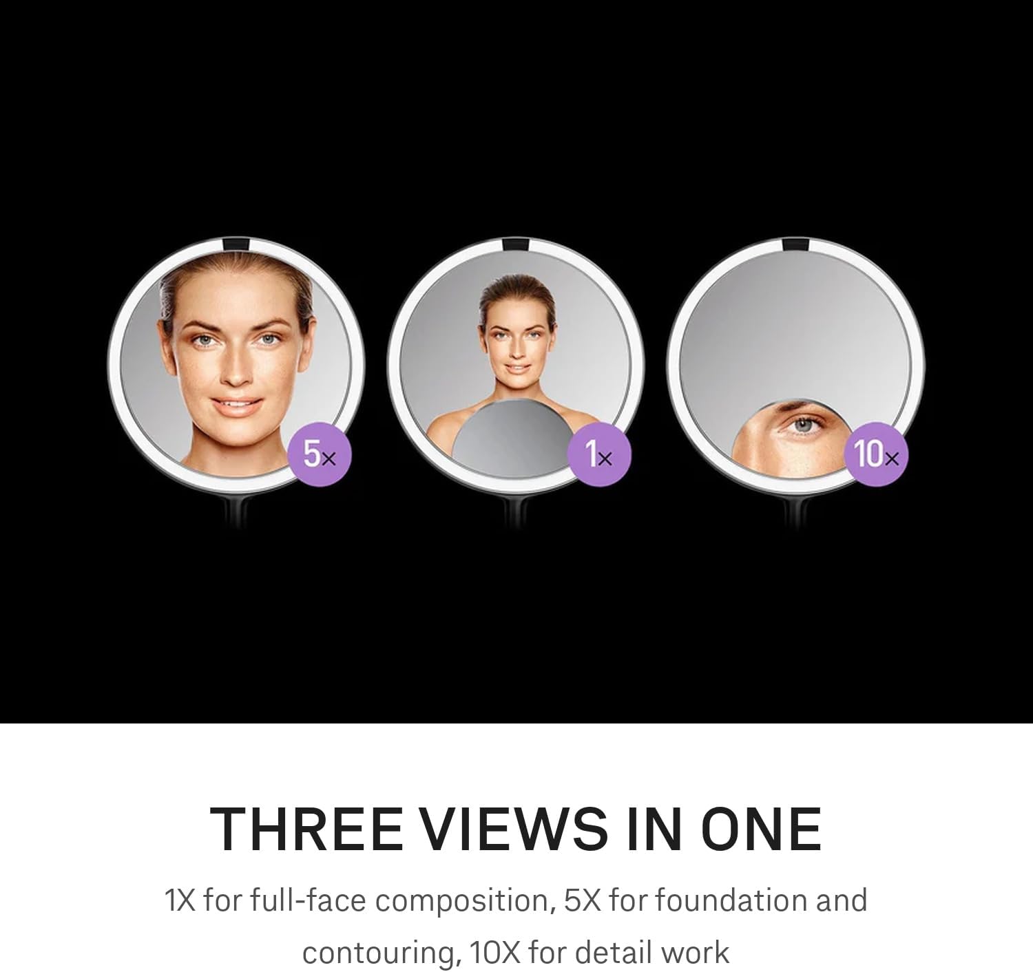 simplehuman Sensor Mirror Trio, 1X 5X 10X Magnification, Round Rechargeable Beauty Makeup Mirror, Tru-Lux Full-Spectrum Light, Dual Light Settings, Adjustable Brightness, Matte Black Steel