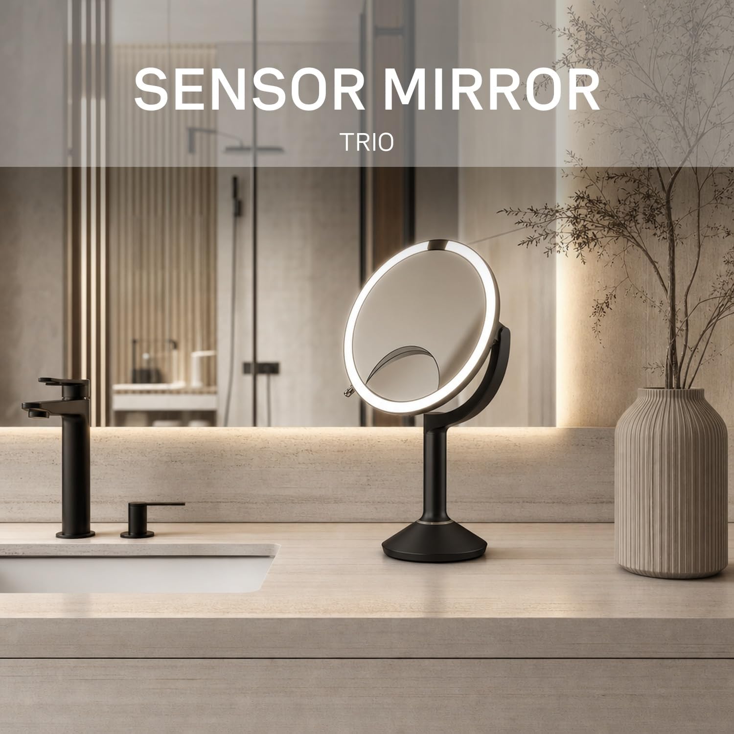 simplehuman Sensor Mirror Trio, 1X 5X 10X Magnification, Round Rechargeable Beauty Makeup Mirror, Tru-Lux Full-Spectrum Light, Dual Light Settings, Adjustable Brightness, Matte Black Steel