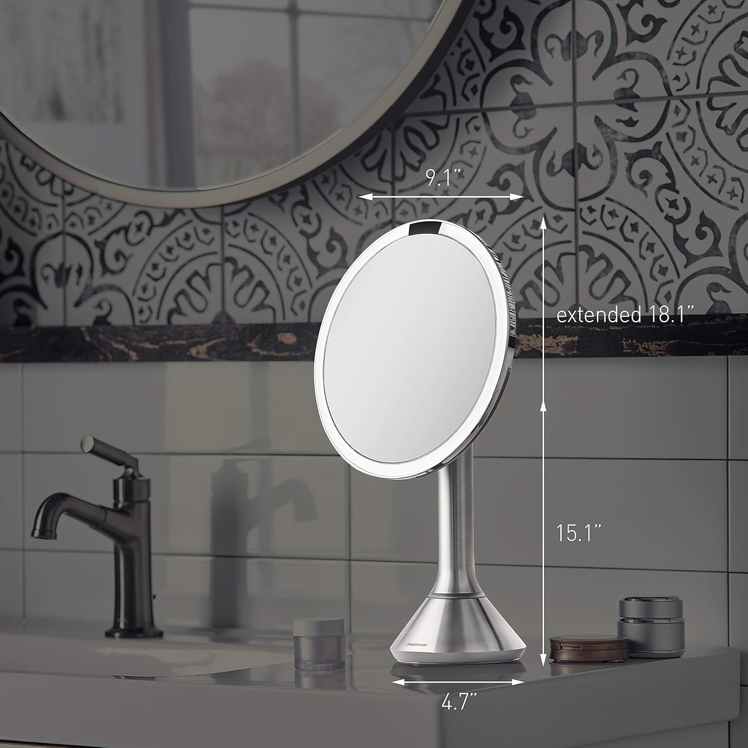 simplehuman Sensor Mirror, Lighted Makeup Mirror with Magnification (5X), 8" Round Magnifying Vanity Mirror with Lights, Cordless, Rose Gold Stainless Steel