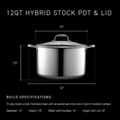 HexClad 12 Quart Hybrid Nonstick Stock Pot with Lid, Dishwasher Safe, Induction Ready, Compatible with All Cooktops