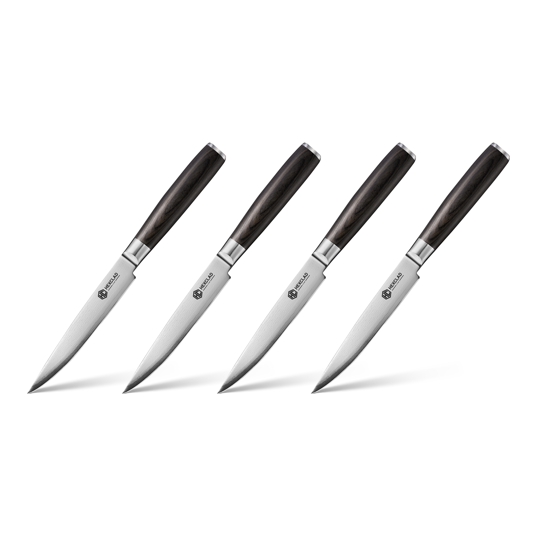 HexClad 4 Piece Damascus Stainless Steel Blade Espresso Steak Knife Set, Full Tang Construction, Pakkawood Handles