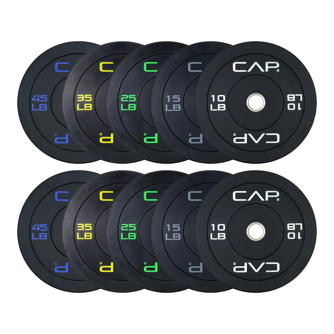 CAP 2-inch Olympic Bumper Plate Weight Set | 260 lbs | Multiple Colors | Storage Rack Optional