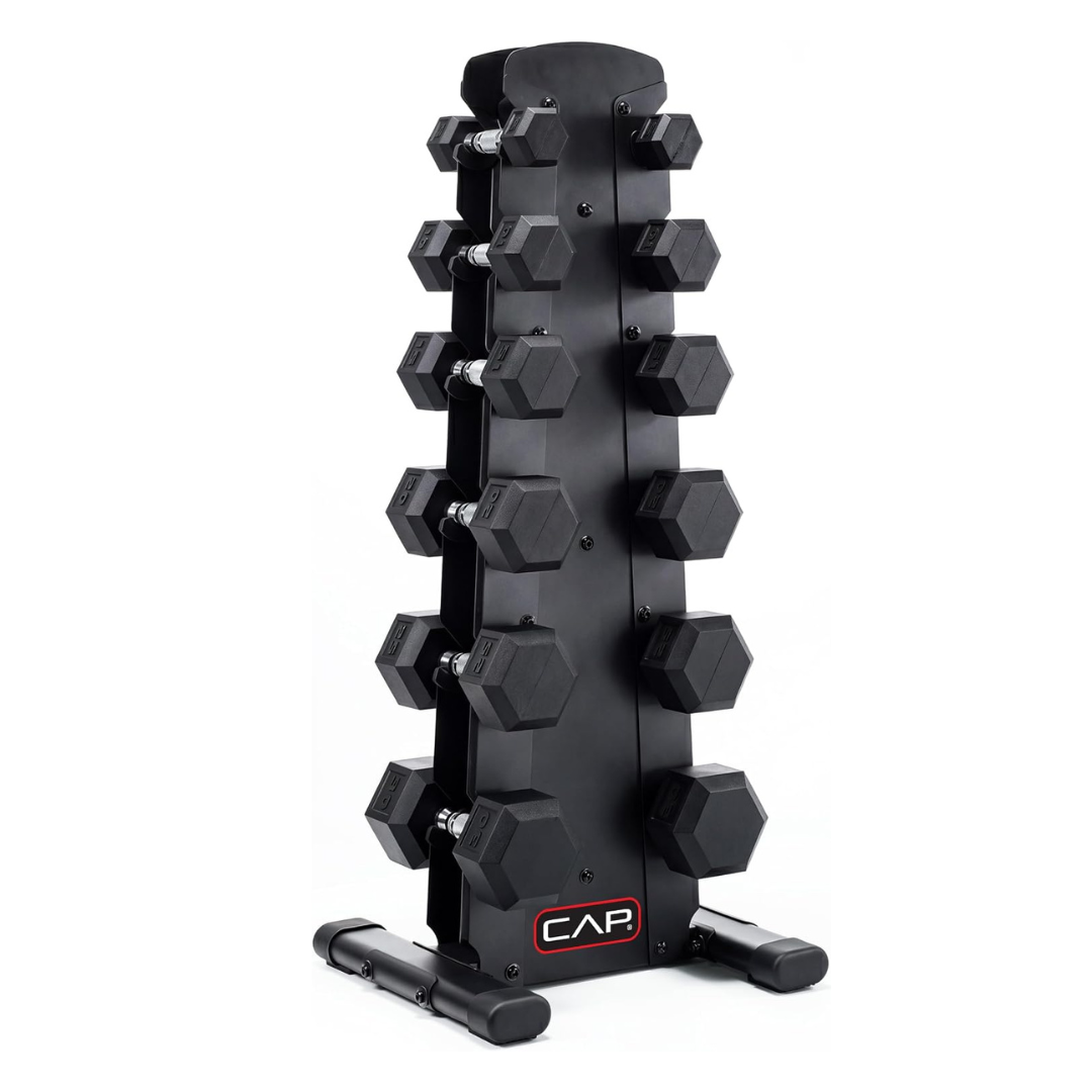 CAP Rubber Coated Hex Dumbbell Set with Storage Rack | 100–210 lb Options, Space-Saving Vertical Compact Storage for Home Gym Strength Training