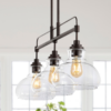 JONATHAN Y Marlowe 32.5" Iron/Glass Industrial Rustic 3 -Light Oil Rubbed Bronze/Clear Farmhouse Clear glass Linear Large Hanging Pendant Light