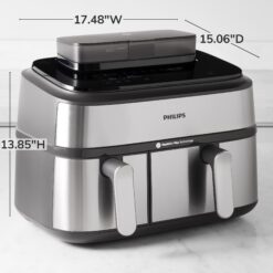 Philips Steam Airfryer 5000 Series Dual Basket - Airfryer & Steamer, 9 Litre, RapidAir Plus, 19 Cooking Functions, 90% Less Fat, 2 Baskets, Steam Cleaning, Silver (NA555/00)