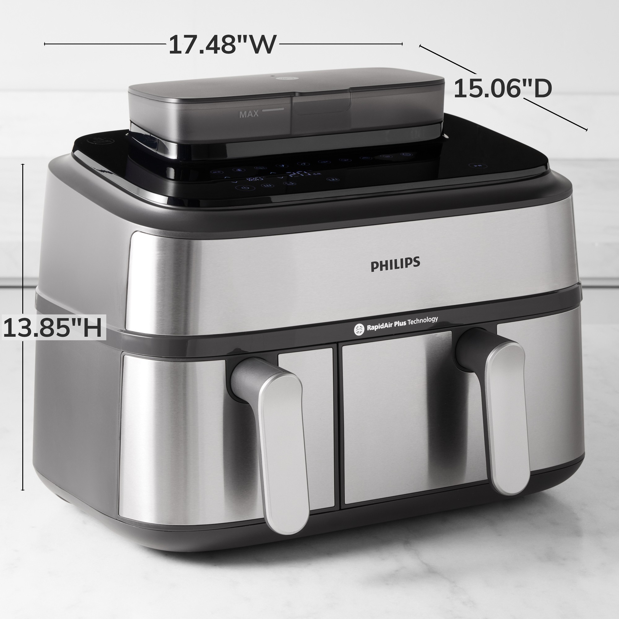 Philips Steam Airfryer 5000 Series Dual Basket - Airfryer & Steamer, 9 Litre, RapidAir Plus, 19 Cooking Functions, 90% Less Fat, 2 Baskets, Steam Cleaning, Silver (NA555/00)