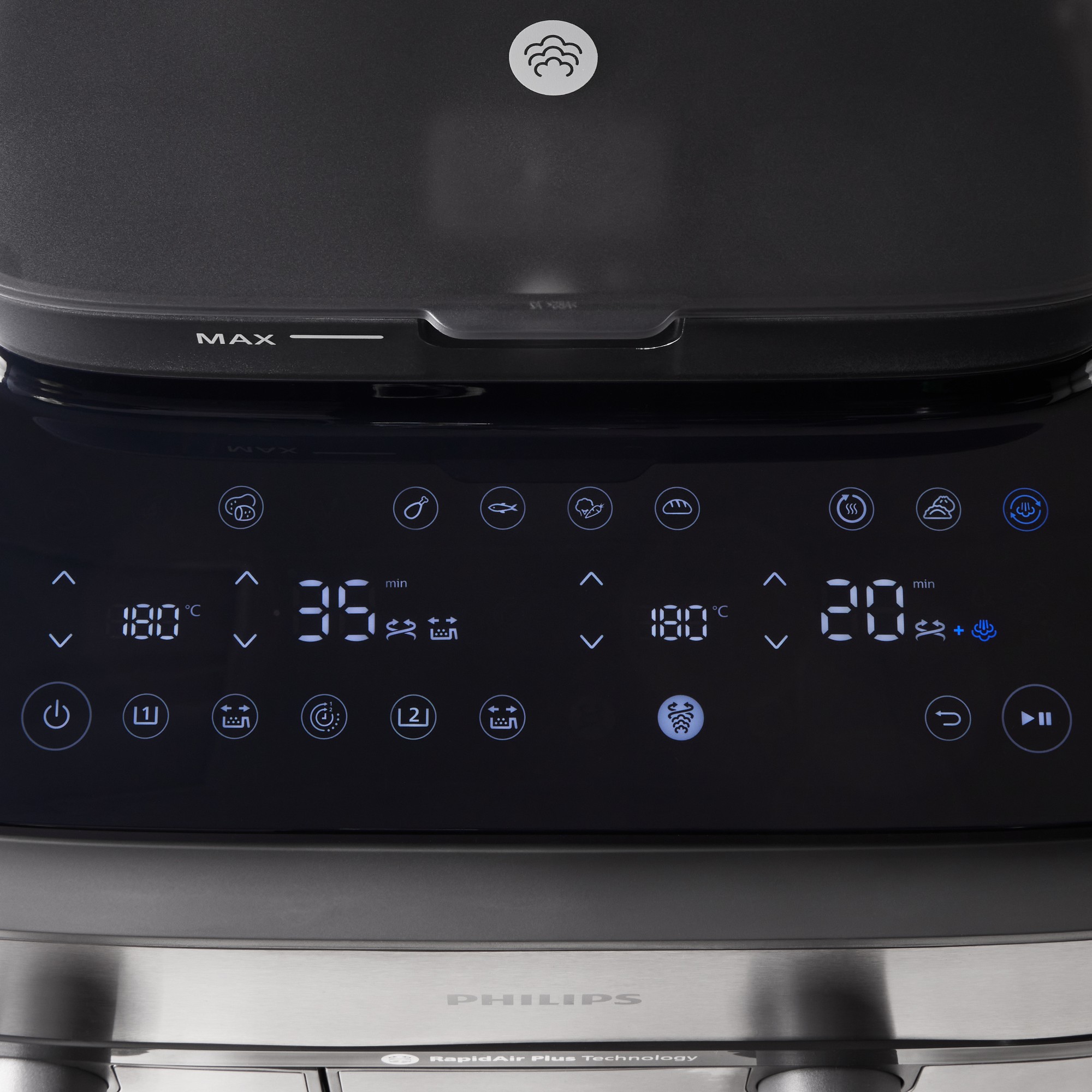 Philips Steam Airfryer 5000 Series Dual Basket - Airfryer & Steamer, 9 Litre, RapidAir Plus, 19 Cooking Functions, 90% Less Fat, 2 Baskets, Steam Cleaning, Silver (NA555/00)